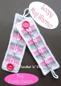 two crochet bookmarks with pink buttons on them