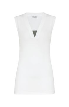 Inspired by menswear, the pure cotton jersey showcases the classic ribbed texture and offers a very comfortable, lightweight and extremely pleasant hand that is perfect for any season. V-neck Nickel-free monili decoration Ribbed V-neck Elastane Top, Ribbed Elastane V-neck Top, Ribbed V-neck Top In Elastane, Casual Ribbed Viscose Tops, Elegant Fine Knit Elastane Tops, Classic White Elastane Top, Chic White Tops With Ribbed Neckline, White Tops With Ribbed Neckline For Work, Chic White Top With Ribbed Neckline