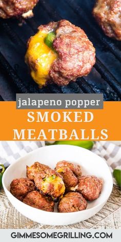 jalapeno popper smoked meatballs on the grill with text overlay