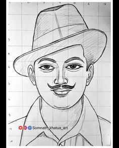 a drawing of a man with a hat and mustache in front of a grid background