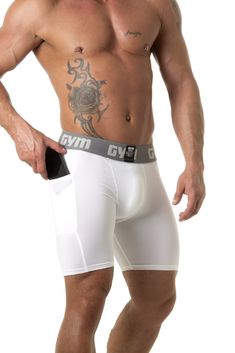 GYM Compression Short with exterior pocket for holding a phone. Fits most standard phones including iPhones. Includes a thick 2" waistband for comfort and support. Made of a moisture wicking material to help keep your body dry and cool. Made of high performance compression material with excellent elasticity. Available in white or black. Body composition: 90% Polyester, 10% Spandex. Size Size Chart Small 28-30" Medium 32-34" Large 36-38" X-Large 40-42" 2X 44-46" 3X 48-50" 4X 50-52" Functional Compression Athletic Shorts With Pockets, Functional Athletic Shorts For Gym, Functional Sweat-resistant Athletic Shorts, Compressive Functional Shorts For Sports Events, Functional Compression Athletic Shorts For Sports, Functional White Athletic Shorts For Sports Events, White Functional Athletic Shorts For Sports Events, White Functional Athletic Shorts For Sports, Body Composition