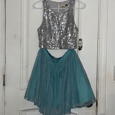 Two Piece Party Set, Silver Sequin Top With Blue Skirt New With Tags! Size 5 Blue Fitted Skirt For Party Season, Blue Denim Party Skirt, Blue Denim Skirt For Party, Dresses Two Piece, Silver Sequin Top, Blue Skirt, Silver Sequin, Sequin Top, Clothing Dresses