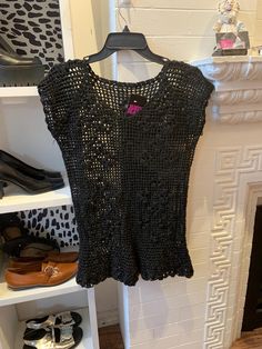 black net tank Tagged Size: L Pit to Pit: 18" Length: 29" Price: $25 SHIP TO CANADA & USA ONLY  ALL SALES FINAL  IG: @ judyjeanvintage  27 William St. Paris ON.  #vintage #retro #flowers #floral #mesh Fitted Black Mesh Top With Open Knit, Fitted Black Open Knit Mesh Top, Vintage Open Knit Tops For Summer, Black Mesh Tank Top For Summer, Black Sleeveless Open Knit Crochet Top, Casual Black Mesh Top With Open Knit, Black Fitted Crochet Top For Summer, Fitted Black Crochet Top For Summer, Casual Black Open Knit Mesh Top