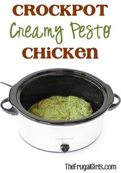 crockpot creamy pesto chicken in a slow cooker with text overlay