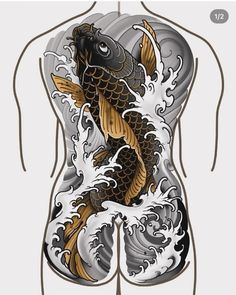 a drawing of a man's stomach with a koi fish on it