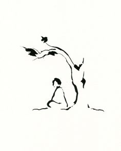 an ink drawing of a person sitting on the ground next to a tree with birds flying around