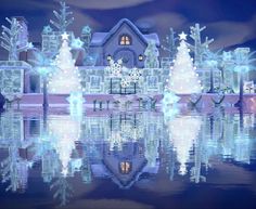 an animated christmas scene with snowmen and trees in front of a house at night