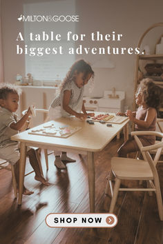 Three children sit on their Milton & Goose Crescent chairs around the matching 48" table all in a natural finish. They have big smiles and appear to be having lots of fun. The text says "Milton & Goose: A table for their biggest adventures. Shop Now." 48 Table, Space For Kids, Childrens Table, Play Areas, Play Table, Play Together, Tables And Chairs, Table Chairs, Brings Joy