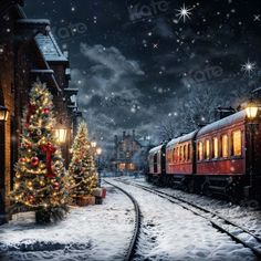 a train traveling down tracks next to a christmas tree