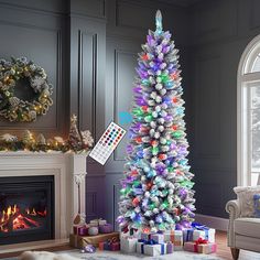 Mercer41 Prelit Snow Flocked Slim Pencil Christmas Tree, With Remote Controll & RGB Lights,6.5 FT, White | Wayfair Slim Pencil Christmas Tree, Flocked Christmas Tree, Snow Flock, Rgb Lights, Romantic Christmas, Flocked Christmas Trees, Warm Christmas, Tree Stand