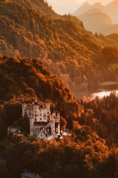 an aerial view of a castle in the middle of a forest with mountains behind it