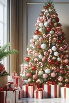 a christmas tree decorated with candy canes and ornaments