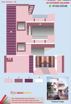 a pink house with stairs and windows