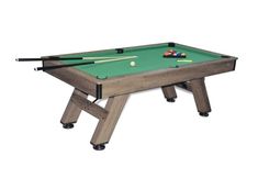 a pool table with two cues and three balls on the top, in front of a white background