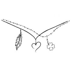 a black and white drawing of a heart with a feather hanging from it's side