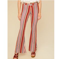 Nwt Altar’d State Striped Callista Flare Pants Grab These Mixed Stripe Stretchy Flares And Feel Like You’re Wearing Your Pajamas While Your Style Is Trendy As Can Be! Sleek Fit Super Soft 30” Inseam Pull On Style Red, Blue, Yellow And Off White Stripes 96% Polyester, 4% Spandex Made In U.S.A Color Is Berry/Chambray H1027-L016jd Size Medium Casual Multicolor Flare Bottoms, Casual Mid-rise Multicolor Pants, Stretch Multicolor Bottoms For Day Out, Multicolor Flare Cotton Bottoms, Multicolor Cotton Flare Bottoms, Multicolor Trousers For Day Out, Multicolor High-waisted Pants, Casual Multicolor Mid-rise Bottoms, Stretch Multicolor Pants For Day Out