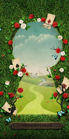 an advertisement with roses and cards in the shape of a heart on a green wall