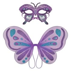 a purple and blue butterfly mask with wings on it's head, next to a pair of eye masks