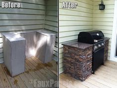 before and after photos of an outdoor bbq grill being installed on a house's front porch