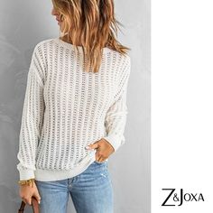 Our 'It's Your Charm' white knit sweater is a closet basic that you'll style over and over. The sweater has a crew neckline, hollow-out knit, and long cuffed sleeves. Available in sizes S-2XL. Shop zjoxa.com 🤍 Free Shipping 🇺🇸 🇨🇦 #sweater #sweaterstyle #casualchic #casualoutfit #pinterestshopping #onlineclothingstore #onlineshoppinh #clothing #onlinefashion #trendystyle #shopclothes #fashioninspo #ootdfashion #style #cuteclothes #fashiondaily #fashioninspo Latest Sweater, White Knit Sweater, Neck Stretches, Stylish Sweaters, Drop Shoulder Sweaters, Sweater Sale, Work Wardrobe, Winter Sweaters, Neck Pattern