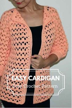 a woman wearing an orange crochet cardigan with the text easy cardigan free crochet pattern