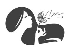 a woman blowing on a dandelion with her hair in the wind, black and white