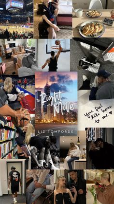 collage of photos with people and food in the foreground, including bookshelves