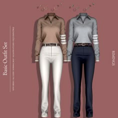 two women's pants and sweaters are shown in three different colors, with the same