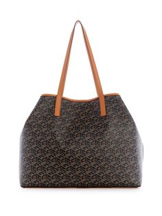 Carry it all in style with this spacious faux-leather tote featuring an updated logo print with striping and text details at center front. Brown Monogram Print Shoulder Bag For Daily Use, Brown Monogram Print Shoulder Bag, Brown Monogram Shoulder Bag For Shopping, Brown Monogram Print Bag For Daily Use, Travel Shoulder Bag With Monogram Print And Double Handle, Everyday Monogram Print Tote Bag, Modern Monogram Print Rectangular Bags, Leather Monogram Print Rectangular Bag, Everyday Double Handle Bags With Monogram Print