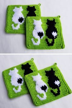 two crocheted coasters with black and white cats on them, one is green