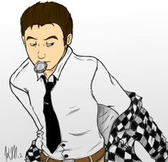 a drawing of a man wearing a tie and holding his head in his hands while standing next to a checkered skirt