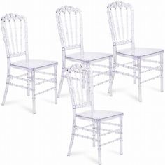 set of four white chiavare style dining chairs with glass back and seat cushions