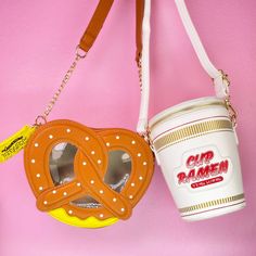 pretzel purse and cup of ramen purse Noodle Cup, Pretzel Bags, Cup Ramen, Novelty Handbags, Soft Pretzel, Novelty Purses, Soft Pretzels, Middle Name, Novelty Bags