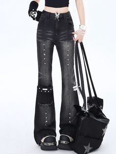 Elevate your edgy, retro-inspired look with our high-waisted flared jeans. These statement-making jeans feature a striking black and gray color scheme, accented with eye-catching silver studs for a touch of rebellious flair. The pocket design adds a practical yet stylish element, while the high-waisted silhouette offers a flattering, slimming effect.  Crafted with quality denim, these flared jeans are designed to accentuate your curves while providing comfort and flexibility. The inclusion of a Edgy Wide Leg Flare Jeans For Streetwear, Alternative Style Wide Leg Jeans For Fall, Punk Wide Leg Jeans For Concert, Edgy High Waist Flare Jeans For Fall, Black Retro Jeans For Fall, Trendy High Waist Jeans For Alternative Fashion, Trendy Washed Black Flare Jeans, Trendy Gray Wide Leg Flare Jeans, High Waist Black Flare Jeans For Streetwear