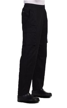 The relaxed fit of black chalk stripe Chef Pants will surely add compliments to your culinary and style! Six extra deep pockets in the front, side and back will not let you miss a thing. The pants are available in 4 different colors and in sizes of XS-5XL. 100% Cotton 6 oz. fabric Six extra-deep pockets; front, side and back Relaxed fit Sizes XS-5XL Available in 3 different colors Black Utility Pants With Welt Pockets, Black Utility Bottoms With Welt Pockets, Black Straight Cargo Pants With Welt Pockets, Black Cargo Pants With Welt Pockets, Black Work Pants With Side Pockets, Black Full-length Work Pants With Side Pockets, Black Full Length Work Pants With Side Pockets, Workwear Black Cargo Pants With Elastic Waistband, Black Cargo Pants With Elastic Waistband For Work