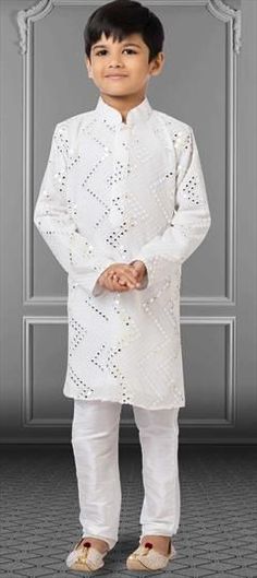 White and Off White color Boys Kurta Pyjama in Georgette fabric with Embroidered, Thread work : 1824769 White Long Sleeve Kurta With Mirror Work, White Cotton Kurta With Mirror Work, White Long Sleeve Set For Festivals, White Long Sleeve Sets For Festivals, Festive White Long Sleeve Sets, Boys Kurta, Kurta Pyjama, Georgette Fabric, Thread Work