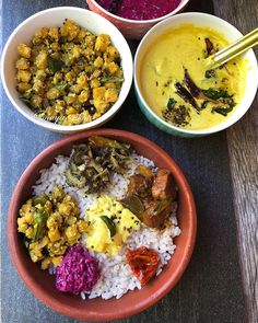 three bowls filled with different types of food