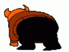 the silhouette of a bear wearing a hat and scarf is shown in black and orange