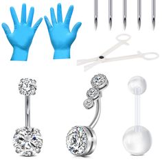 an assortment of surgical tools including gloves, scissors and fake nails are shown in this image