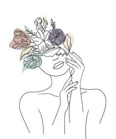 a line drawing of a woman with flowers on her head and hands to her face