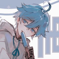 an anime character with blue hair holding a microphone in his hand and looking at the camera