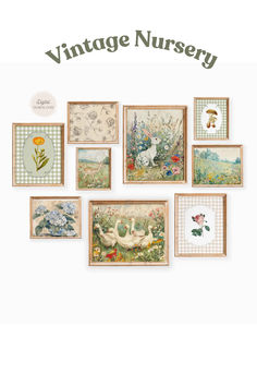 the vintage nursery wall hangings are decorated with pictures and words that read,'vintage nursery