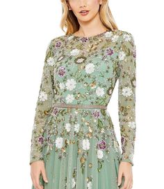 Mac Duggal Sequin Floral Crew Neck Long Sleeve Midi Dress | Dillard's High Neck Midi Dress, Long Sleeve Mesh Dress, Plastic Dress, Layered Tulle Skirt, Long Sleeve Dress Formal, Jewel Neckline, High Quality Dress, Mac Duggal, Tea Length Dresses