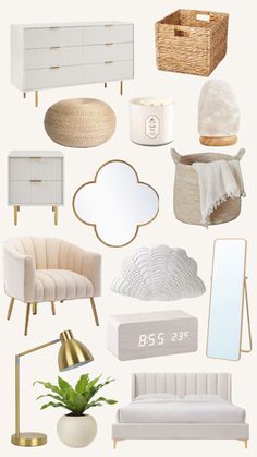 a collage of white and gold furniture, including a couch, chair, mirror, table