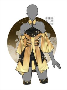 a drawing of a woman in a dress with gold trimmings and black pants