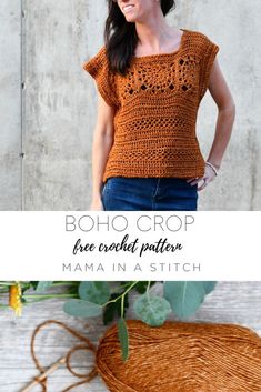 a woman standing next to a plant with the text boho crop free crochet pattern