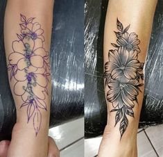 two tattoos on both legs with flowers and leaves