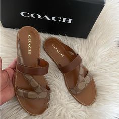 Coach Sandals 5.5 But Run Small , Fit At 5 Us Women Coach Sandals Outfit, Coach Leather Slip-on Sandals, Brown Slides With Branded Insole, Coach Brown Open Toe Sandals, Coach Leather Slides With Round Toe, Coach Leather Sandals With Cushioned Footbed, Coach Leather Slides For Spring, Chic Coach Sandals, Designer Brown Slides For Spring