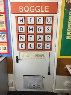 a door that has some type of game on it with words written in large letters