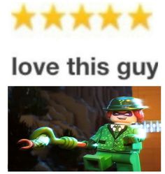 a lego man holding an umbrella in front of five stars with the caption love this guy